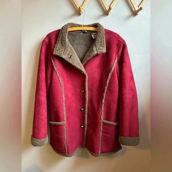 L.L. Bean Faux Suede Sherpa Lined Shearling Coat long line women’s large - Picture 2 of 6